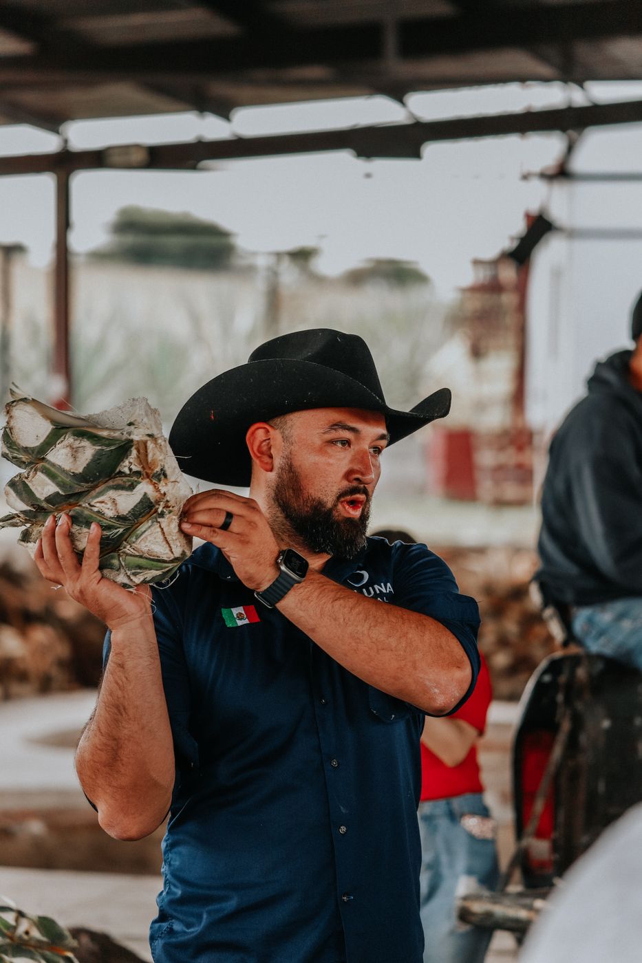 Salvador 'Chava' Chávez en la vinata, sobre una piña de agave